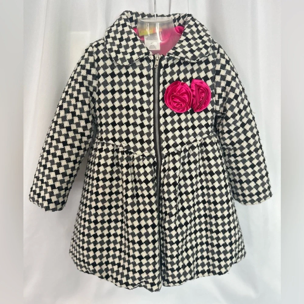 Penelope Mack Girls Black & White Houndstooth Coat PinkSatinLining Size 4T(1247)